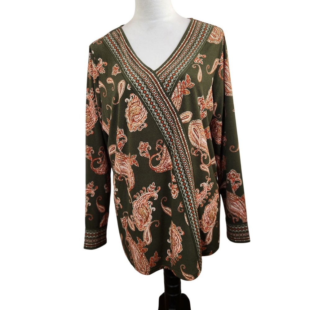Belle Kim Gravel Women's Olive Green Paisley Print Long Sleeve V Neck Top Size L